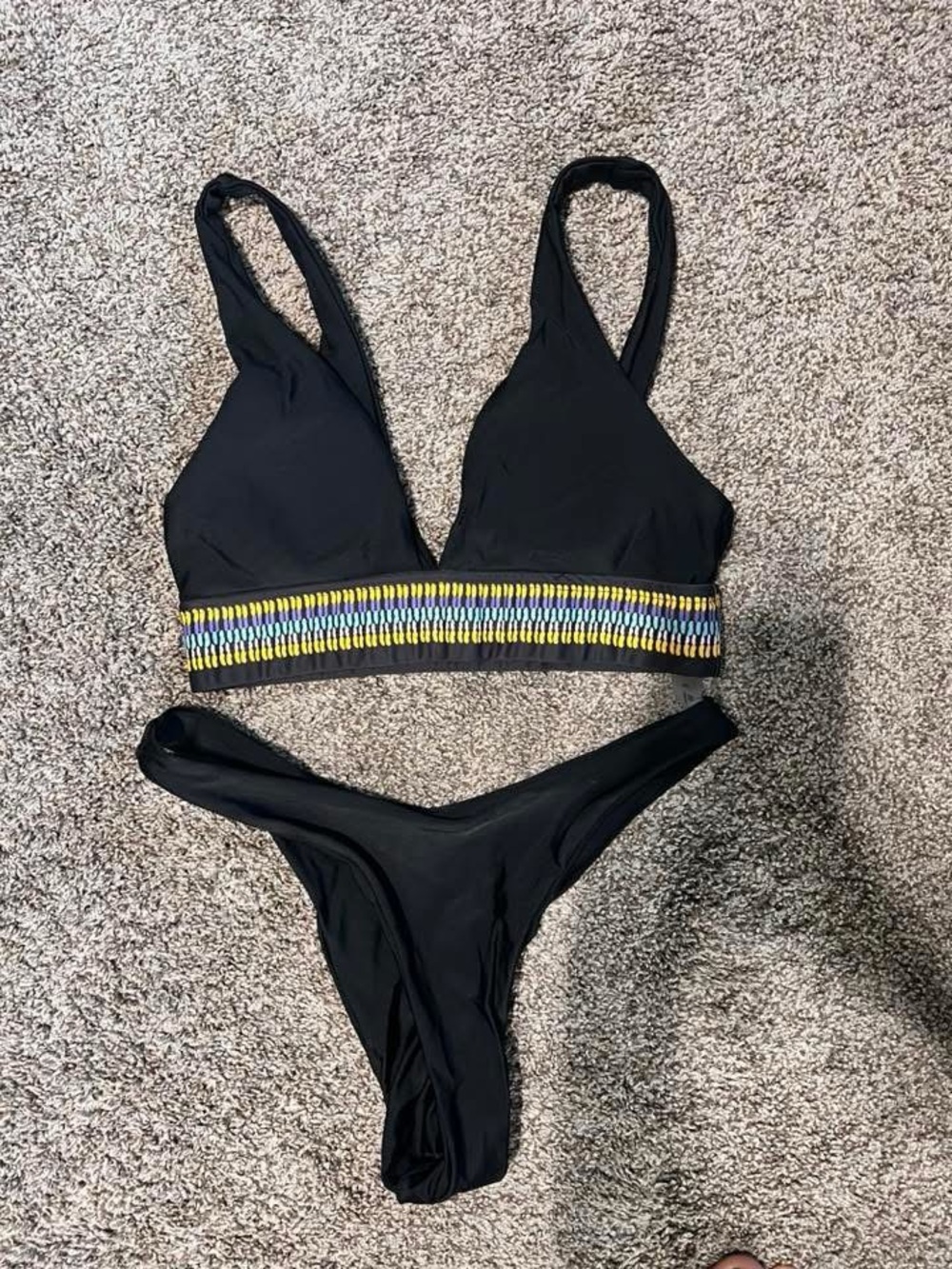 SHEIN Black Bikini Set with Yellow & Blue Accent Band
